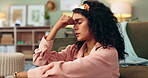 Woman, hand and headache pain in home for burnout fatigue or migraine, mental health or stress. Female person, couch and brain fog worry or dizzy vertigo with overworked distress, pressure or tension