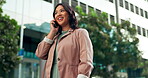 Asian woman, phone call and talking in city, planning and networking for company deal. Female person, speaking and app for conversation in urban town, travel and consultant for contact on commute