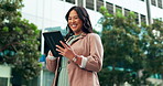 Happy, asian woman and tablet with fist pump for celebration of client sale on commute to office. Excited, female person and real estate agent with tech for success or achievement on property deal