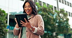 Happy, asian woman and tablet with fist pump for celebration of house purchase on commute to office. Excited, female person or real estate agent and technology for success or achievement on sale