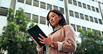 Asian woman, tablet and thinking in city for career future, decision and review of business goals. Serious female employee, technology and thoughtful in urban town with internet research by building