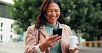 Woman, city and happy with phone for news or gratitude, message or communication or announcement. Female person, smile and street with mobile app for conversation from network, information with tech