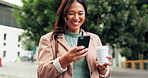 Woman, street and happy with phone for news or gratitude, message or communication or announcement. Female person, smile and city with mobile app for conversation from network, information with tech