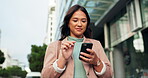 Asian woman, phone and employee for travel in city, plan and check email for networking. Female person, typing and app for conversation in urban town, website and scroll on social media on commute