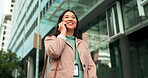 Asian woman, phone call and building or city business or walking commute for networking, negotiation or deal. Female person, cellphone and downtown as real estate agent with sale, urban or property