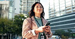 Smartphone, smile and business woman at tradeshow, convention and conference outdoor in New York building for corporate career. Networking, typing and investment banker using phone for communication