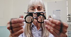 Glasses, woman and eye test in optometrist office, medical practice for optical exam or consultation. Optometry, technology and ocular research, female patient or professional ophthalmologist