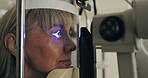 Patient, slit lamp or ophthalmology as eye test, medicine or optometry as healthcare technology. Mature woman, eyeball or light in glaucoma, exam or consultation to diagnose lens, cornea or myopia