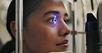 Closeup, woman or slit lamp in ophthalmology, eye exam or medical service in private clinic. Eyeball, led light or patient in glaucoma, assessment or technology to measure ocular, pressure or cornea