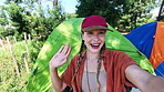 Happy woman, camping and influencer with tent for vlogging, travel or showing outdoor crib in nature. Portrait of female person or vlogger with smile for tour of sleeping bag or setup in countryside