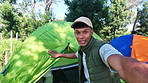 Camping, vlog and selfie of man with tent for content creation, live streaming and travel broadcast. Nature, influencer and portrait of person on campsite for survival tutorial, adventure and journey