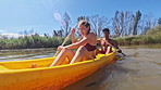 Boat, kayak and couple on river in nature for holiday, summer vacation and weekend outdoors. Water sports, canoe and man and woman on fun adventure for content creation, vlog and travel influencer