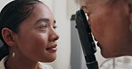 Woman, optician and checkup for vision, health and eye care with retinoscope test. Specialist, optometrist and technology for assessment, exam and medical result with consultation and support