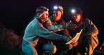 Night, hiking and people with map for direction, navigation and travel in dark with route on paper. Planning, trekking and group fight about decision on journey to location, path or lost in nature