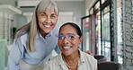 Eye care, glasses or face of woman with customer for retail, choice and vision in clinic for shopping. Happy, optician and doctor with patient or lens for new frames or optometry for prescription