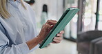 Medical, hands or doctor with tablet for eye care, report and optical health for planning schedule or results. Online, optician and closeup of woman in clinic for vision, optometry and research