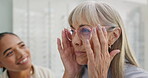 Mature woman, glasses and optician in store for choice, decision or customer service. Eye care doctor with happy client to check lens, vision and new frame for optic health, help or shop consultation