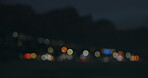 Bokeh, skyline and dark at night in city in blur, lights and background for cityscape in California. Colorful, evening and town in street at dusk or dawn at cars, houses and road for travel or view