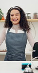 Restaurant, face and happy woman waitress at counter for welcome, greeting or customer service excellence. Coffee shop, portrait or female server smile for small business, startup or cafe opening day