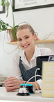 Cafe, face and happy woman waitress at counter for welcome, greeting or customer service excellence. Coffee shop, portrait or female server smile for small business, startup or restaurant opening day