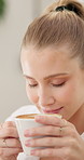 Woman, coffee shop and smell drink with smile, thinking and memory with flavor on break in closeup. Girl, person and happy with latte, cappuccino and scent with aroma, remember and relax in cafeteria