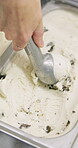 Ice cream, scoop and hands at shop for dessert, flavor and commercial tray at a startup business and closeup. Person working with frozen yogurt, gelato or chocolate chip for summer or holiday treat