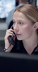 Security guard, woman and telephone in control room for talking, communication and safety report on night watch. Person, agent and phone for surveillance info at contact center for protection service