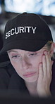 Security guard, woman and tired in control room by computer for surveillance, exhausted or burnout at job. Person, agent or thinking with fatigue at pc on night watch for protection services company