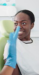 Healthcare, smile and black woman talking to dentist in office for dental care or medical checkup. Appointment, oral hygiene and patient with person in chair for consulting or teeth cleaning