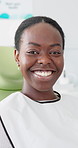 Dentistry, patient and portrait of black woman with smile for consultation, oral hygiene or pride. Medical clinic, relax and face of client with happiness for healthy teeth, confidence or dental care