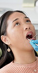 Dental inspection, mouth and asian woman at dentist for oral checkup, examination or treatment with tools. Wellness, patient and hands with gloves to prevent tooth decay, gum disease or cavities