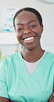 Healthcare, dentist and portrait of black woman with arms crossed for service, oral hygiene and pride. Clinic, happy and face of person with smile for dental care, healthy teeth and confidence in job