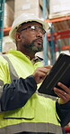 Mature man, tablet and manager in warehouse with inventory for supply chain, quality control or online stock check. Manufacturing, logistics or black inspector with digital checklist for distribution