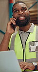 Man, phone call and order in warehouse with laptop for distribution, networking and happy with review. African worker, smartphone and talking with supplier for sales with inventory, shipping or cargo