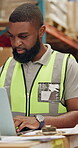 African man, laptop and logistics in warehouse with inventory for supply chain, quality control or happy with online stock. Manufacturing, worker or inspection with digital checklist for distribution