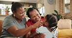 Happy, love and child with grandmother and mother on sofa laughing, playing and bonding together. Smile, relax and young girl kid having fun with mom and senior woman in living room at family home.