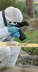 Crime scene, evidence and forensic investigation in woods with photograph for analysis in nature. Information, mystery or camera with kidnapping of child for details in Elfin Forest California