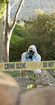 Photography, evidence and person on crime scene for investigation, inspection and proof documentation. Forensic photographer, tape and pictures for observation for problem solving and case research.