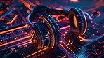 Futuristic, headphones and streaming music with neon light, electronic and technology with audio. Cyber, headset and equipment for dj, future and listening to sound, podcast and radio with connection