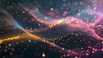 Molecule, wave and energy with bokeh for atom, moving light and creation with shine on dark background. Particles, connection and link with glow, color and expansion with glow, sparkle and beams