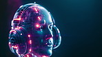 Woman, headphones and closeup with futuristic in 3d for cyber streaming, music or podcast with technology. Female person and zoom or lights with glow for audio therapy, digital  or neon at night