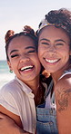 Happiness, face and women friends hug at beach, love and care with vacation together for bonding. Fun, comedy and comfort with joy in portrait, trust and loyalty with support, relationship and travel