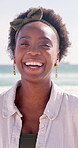 Black girl, beach and smile for vacation, portrait and happiness for travel, holiday and nature of water. Sea, morning and outdoor for adventure, peace and person in Hawaii, getaway and island