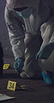 Person, number and forensic on crime scene, investigation and accident or criminal clues with swab for dna sample. Evidence, expert and coveralls, police lights and gloves for protection and night