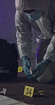 Person, maker and forensic on crime scene, investigation and accident or criminal offence with box for dna sample. Evidence, expert and coveralls, police lights and gloves for protection and night