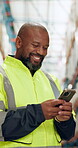 Black man, smartphone and happy in warehouse for management, inspection and maintenance. Supervisor, vertical and factory for compliance, logistics or inventory with equality or affirmative action