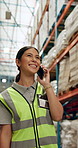 Happy woman, supply chain and talking with phone call in logistics for communication at warehouse. Female person or contractor with smile on mobile smartphone for conversation in storage at depot