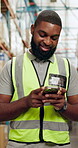 Black man, smartphone and typing in warehouse for shipping, inspection and maintenance. Supervisor, vertical and factory for compliance, logistics or inventory management with supply chain industry