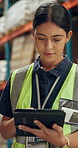 Inventory, check and woman in warehouse with tablet for logistics of storage, stock or planning. Factory, distribution and employee with tech to track and update package, order and industry shipping