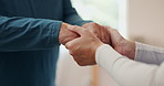 Senior man, hands and nurse with patient in care for support, assistance or help at retirement home. Closeup of elderly male person with caregiver in healthcare for advice or understanding at house